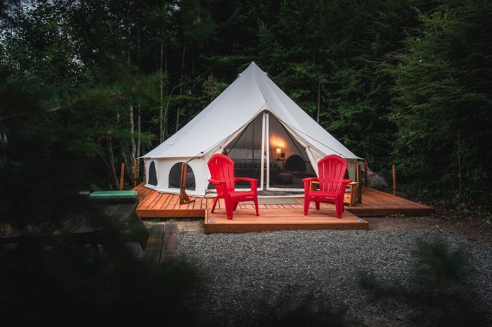 Carson RV Rental | Spacious Bell Tent with Private Deck & Forest Access near Carson, Washington