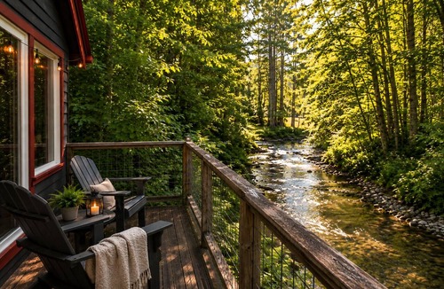 Port Angeles East Cabin | Magical Retreat Over Morse Creek with Hot Tub