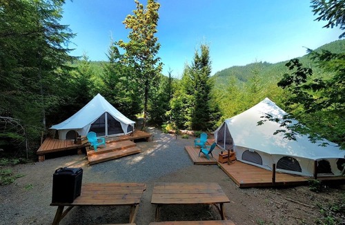 Carson RV Rental | Spacious Dual Bell Tent Glamping Retreat with Forest Deck near Carson, Washington