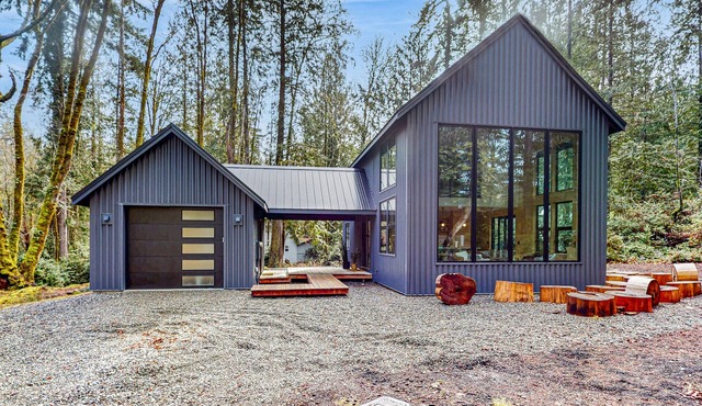 Nordic-style home in the forest with private beach access, seasonal pool/hot tub
