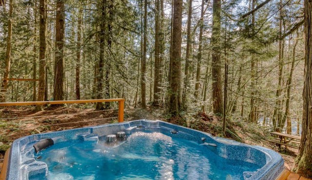 Rustic lodge with private hot tub fireplace & riverfront views - dog-friendly